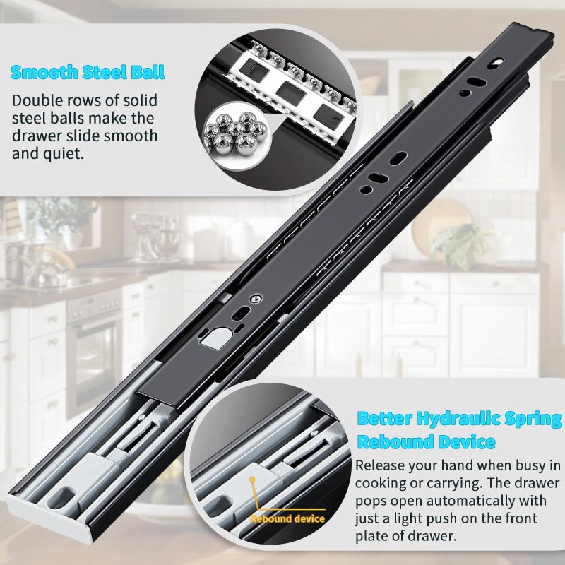 YENUO Push to Open Drawer Slides Full Extension Rail 12 14 16 18 20 22 24 inch handleless Side Mount Dresser Cabinet Bracket Replacement Ball Bearing Tracks kit Guide Runner 100lb 1Pair - Image 3